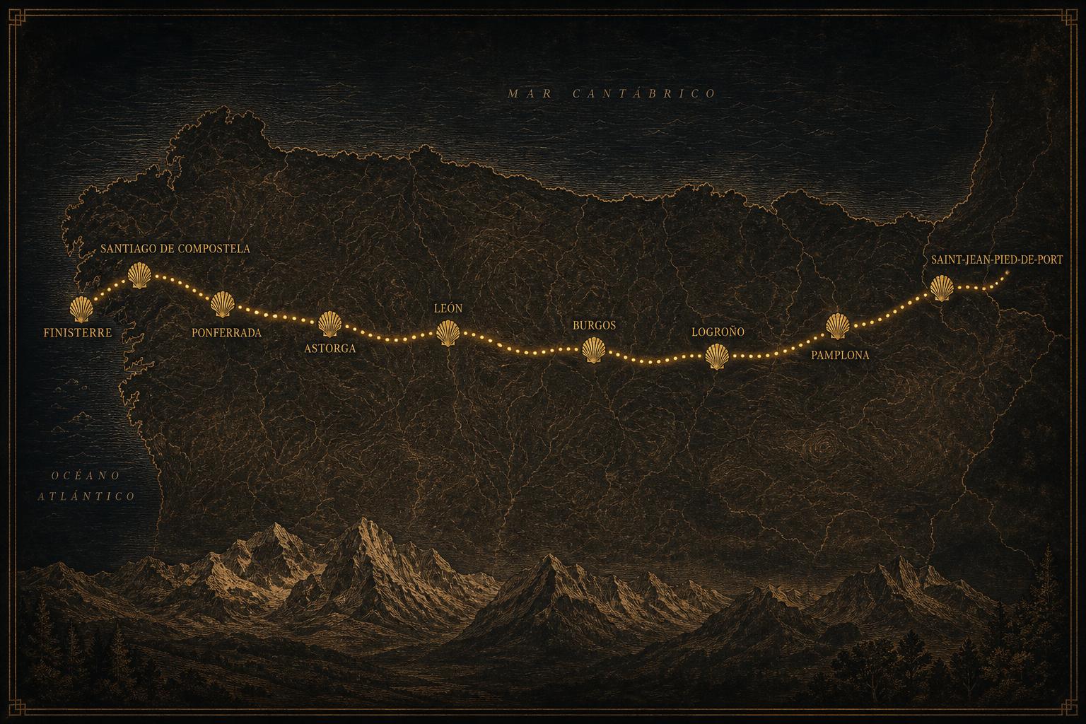 Map of the Camino de Santiago route from Saint-Jean-Pied-de-Port, France to Finisterre, Spain